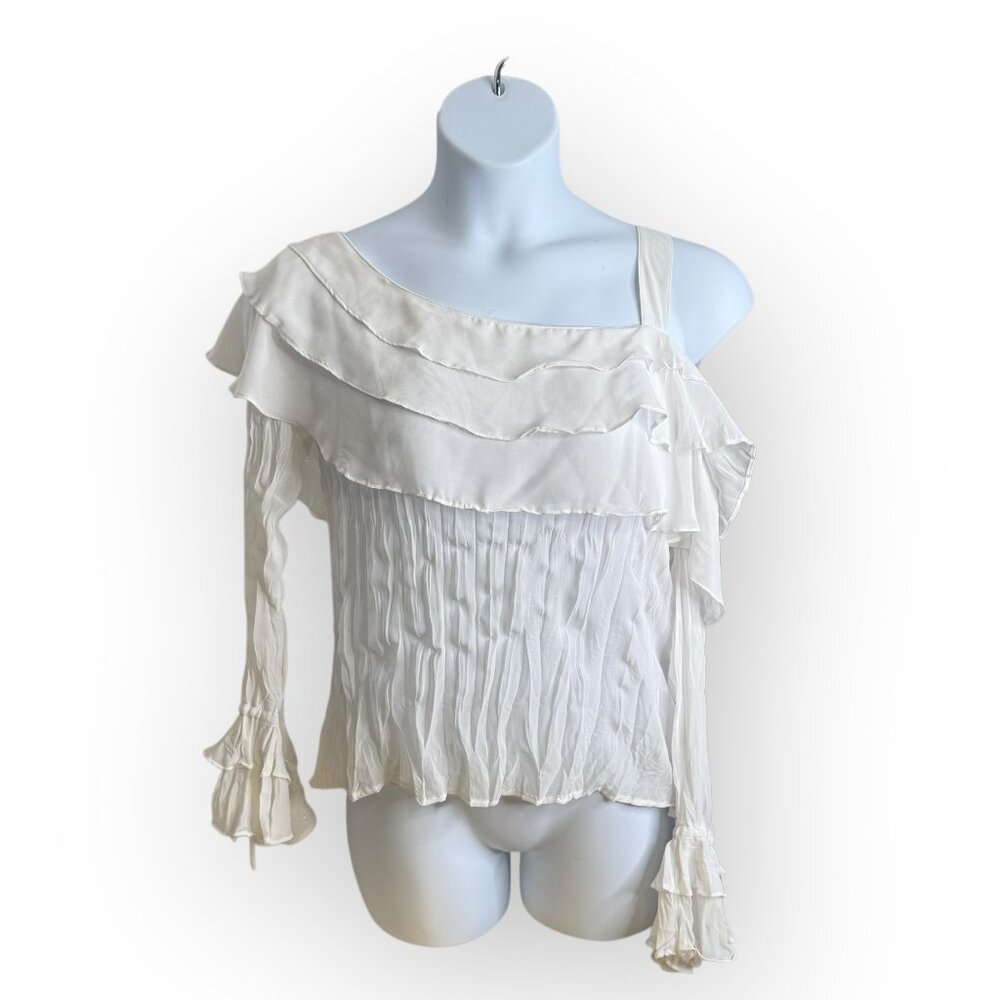 Le Caviar White Ruffle One Sleeve Blouse